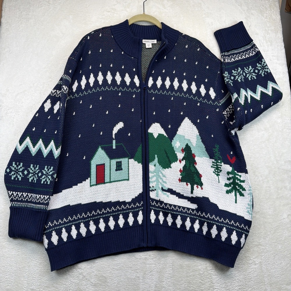 Coldwater Creek Christmas Sweater Womens 1X Winter Cabin Snow Zip Cardigan